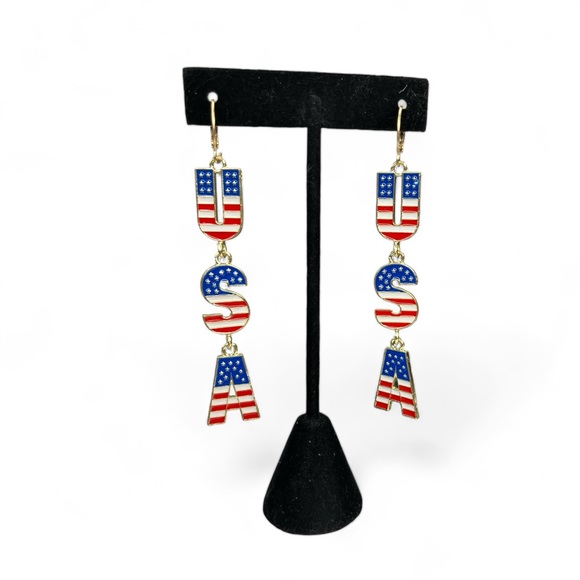 Americana ๐บ๐ธ USA Flag Dangle Earrings gold tone NWOT - Picture 3 of 3